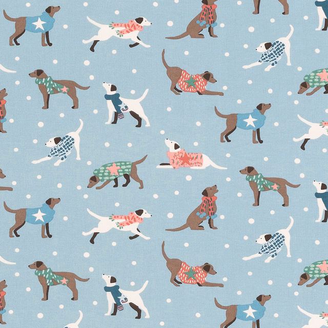 Seafoam blue PVC fabric with polka dots and illustrated dogs
