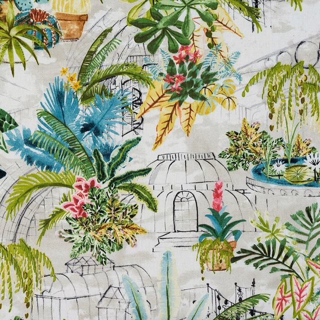 Pale ground tropical print with ferns, flowers and sketched conservatory buildings