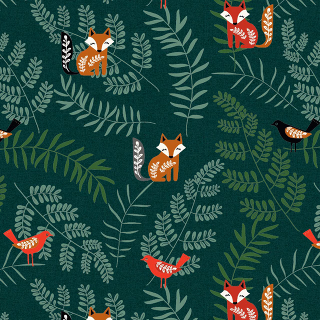 Jade green PVC-coated fabric with foxes, birds and fern leaves