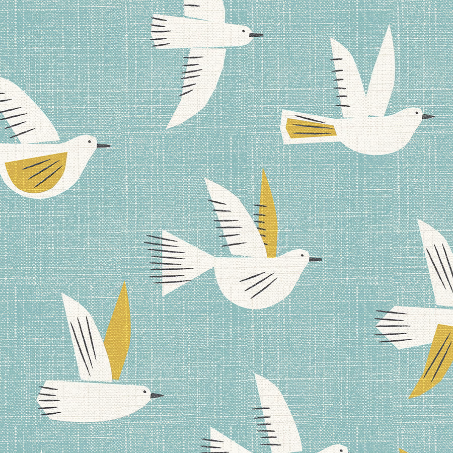 White birds with mustard wings on a soft aqua teal PVC-coated fabric