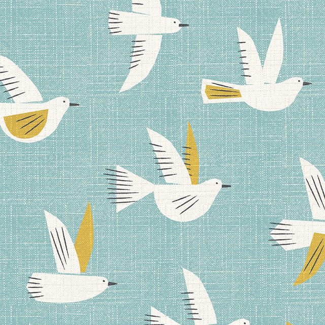 White birds with mustard wings on a soft aqua teal PVC-coated fabric