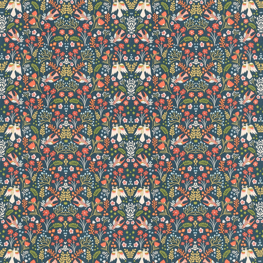 Teal floral PVC fabric with birds, leaves and coral motifs