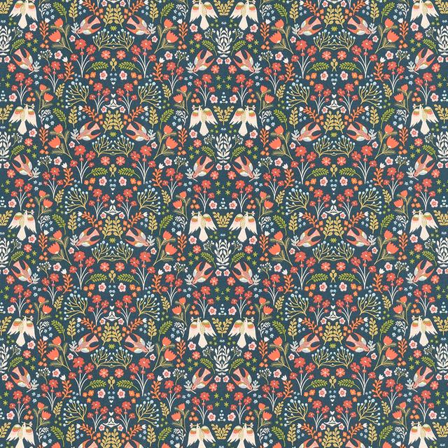 Teal floral PVC fabric with birds, leaves and coral motifs