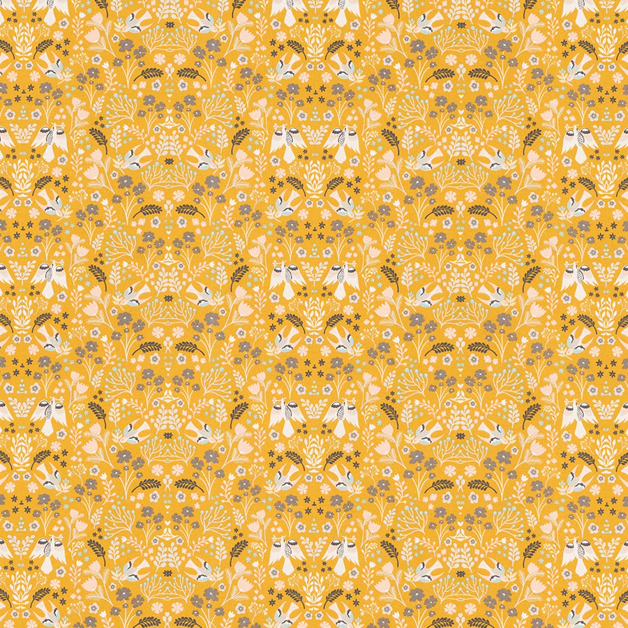Ochre botanical print with small birds, flowers and leaves on coated cotton