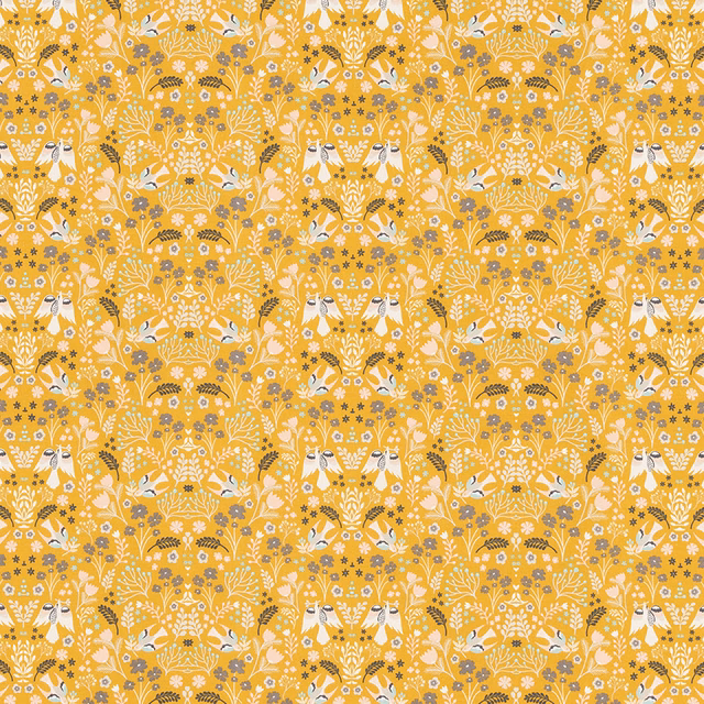 Ochre botanical print with small birds, flowers and leaves on coated cotton
