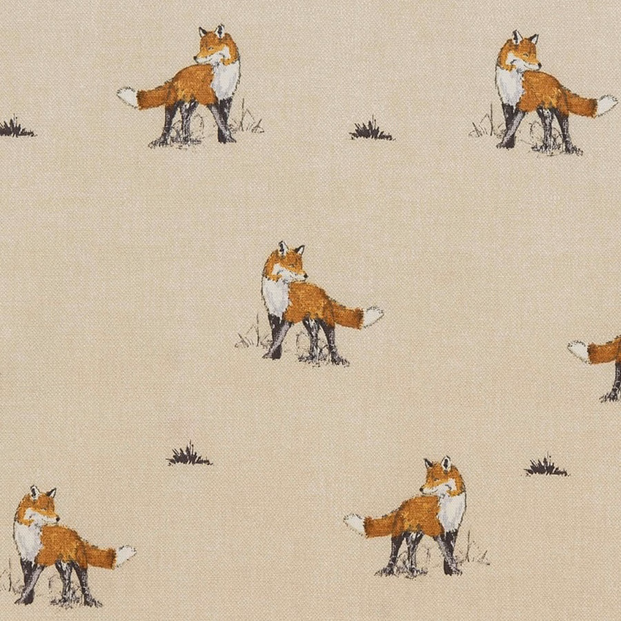 Cream PVC-coated fabric with small fox motifs and scattered dark grass tufts