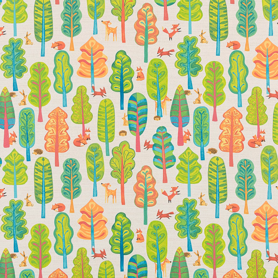 Bright multicoloured tree and animal print on a cream PVC-coated fabric swatch