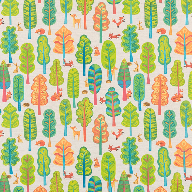 Bright multicoloured tree and animal print on a cream PVC-coated fabric swatch