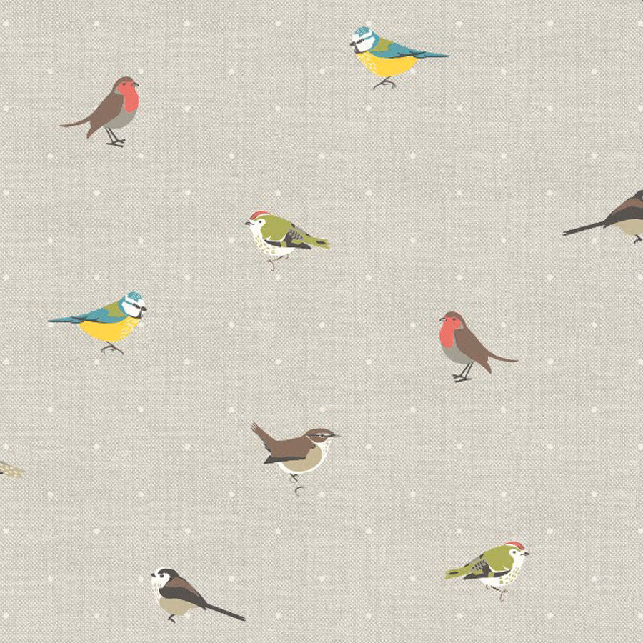 Stone cream PVC fabric with small bird print and dotted ground
