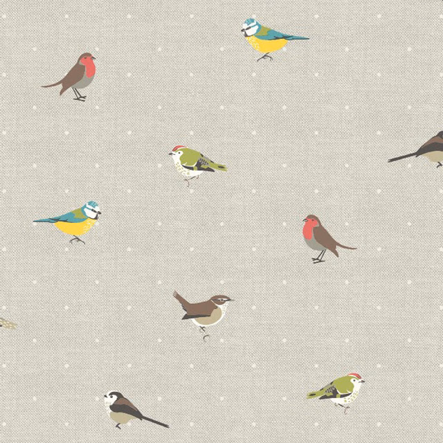 Stone cream PVC fabric with small bird print and dotted ground
