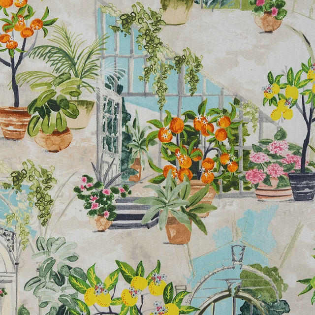 Pale botanical PVC fabric with citrus fruit, potted plants and aqua greenhouse details