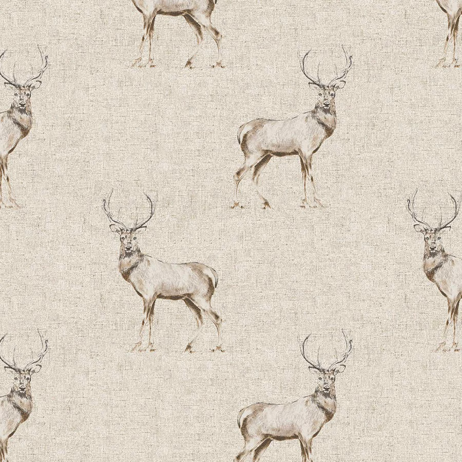 Cream PVC-coated fabric with repeated sketched deer motif