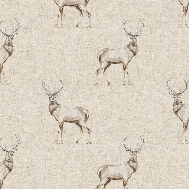 Cream PVC-coated fabric with repeated sketched deer motif