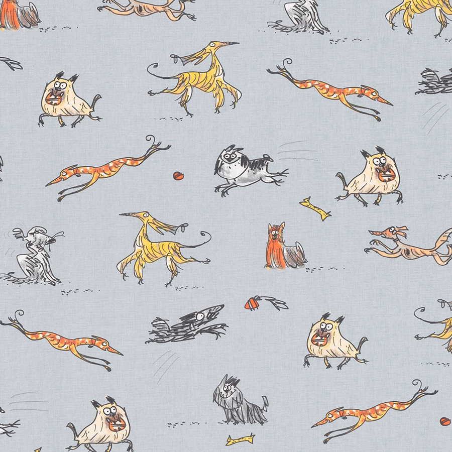 Pale blue-grey PVC-coated fabric with playful hand-drawn dogs in yellow, orange and black