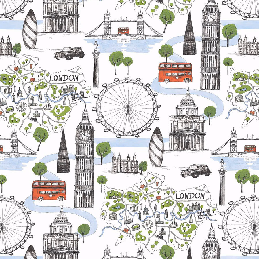 White PVC fabric with hand-drawn London landmarks, red buses and green map details