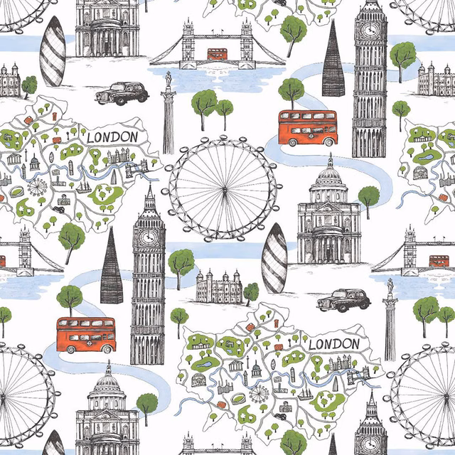 White PVC fabric with hand-drawn London landmarks, red buses and green map details