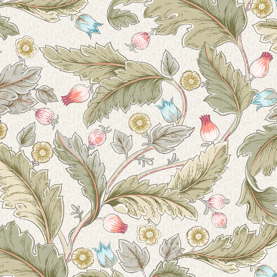Sage green trailing floral PVC print with blush and turquoise accents on cream