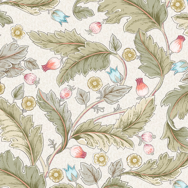 Sage green trailing floral PVC print with blush and turquoise accents on cream