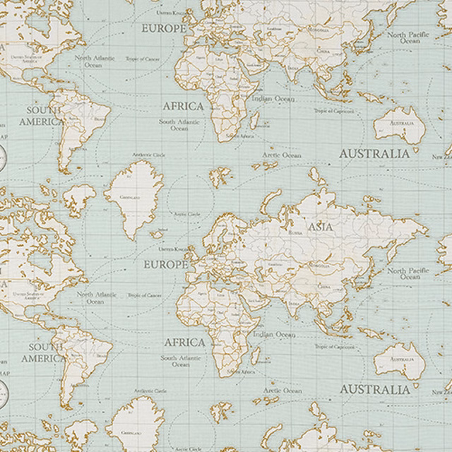 Pale duck egg blue world map PVC fabric with fine cream outlines