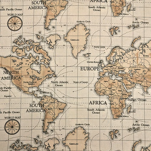 Beige world map PVC fabric with brown outlines and vintage atlas details