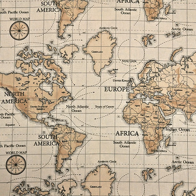 Beige world map PVC fabric with brown outlines and vintage atlas details