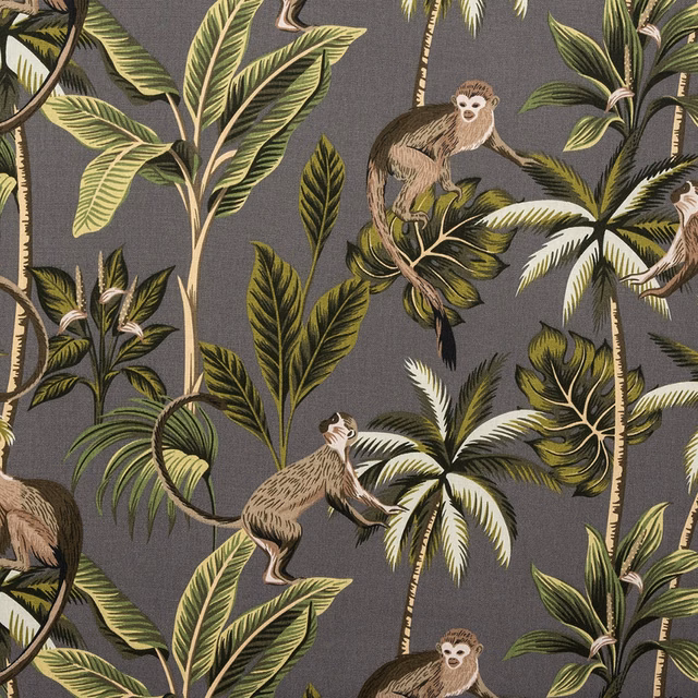 Jungle monkey print on charcoal grey PVC-coated cotton fabric