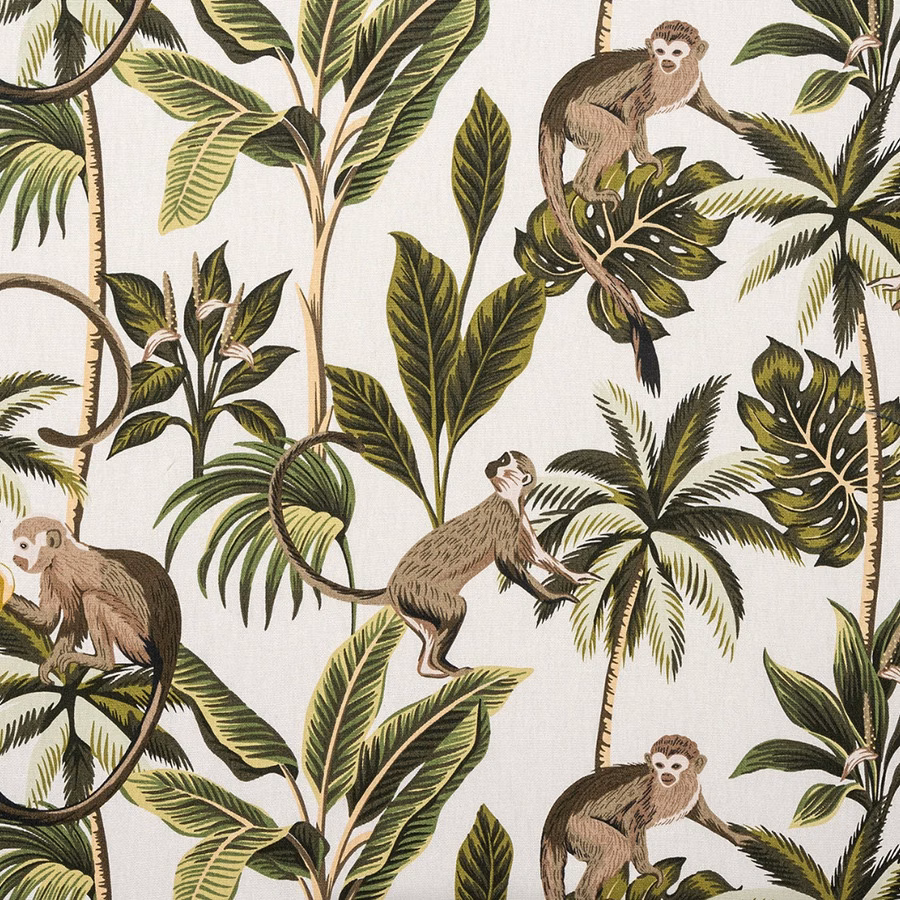 Large jungle print with monkeys and olive green leaves on a pale natural ground