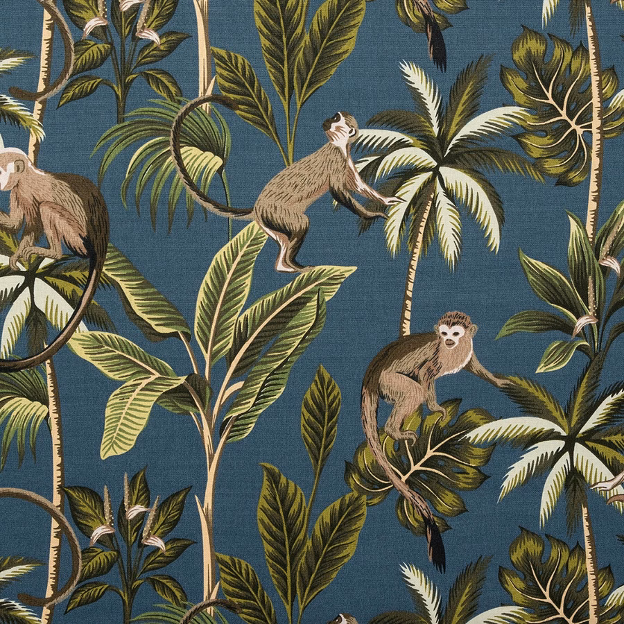 Teal tropical monkey print on coated cotton with palm leaves