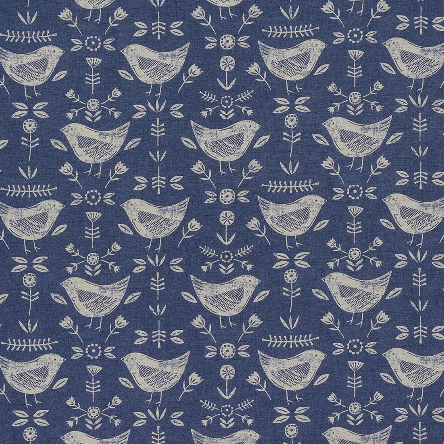 Blue PVC-coated fabric with cream bird and floral folk print