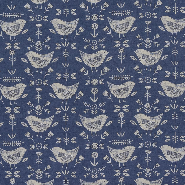 Blue PVC-coated fabric with cream bird and floral folk print