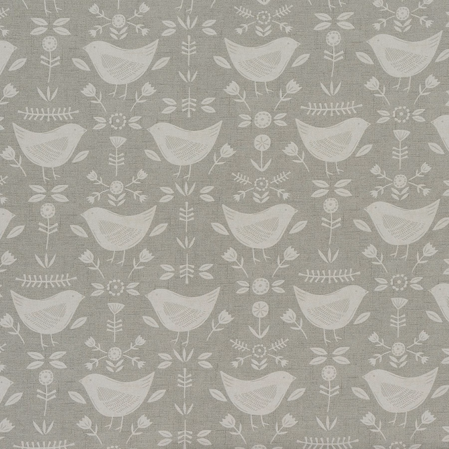 Soft grey PVC fabric with white bird and botanical repeat