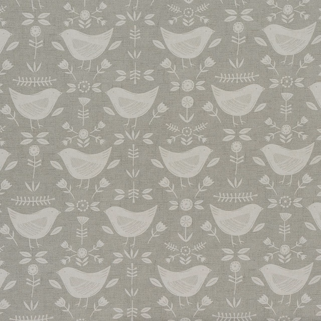 Soft grey PVC fabric with white bird and botanical repeat