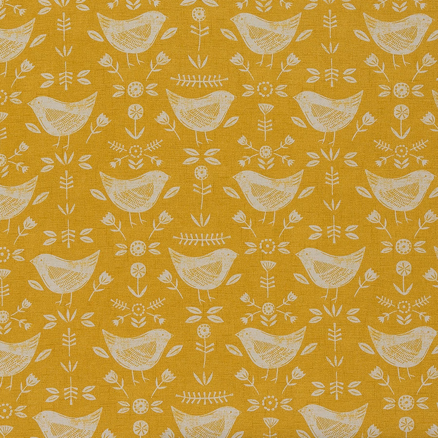 Ochre PVC fabric with white bird and sprig repeat print