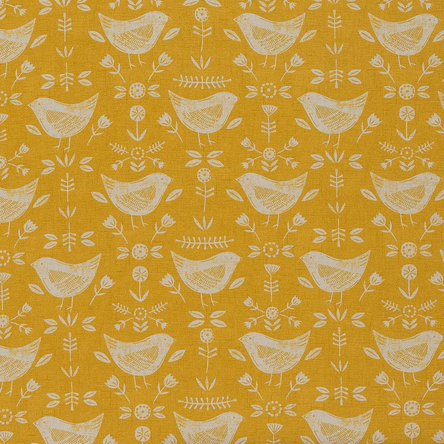 Ochre PVC fabric with white bird and sprig repeat print
