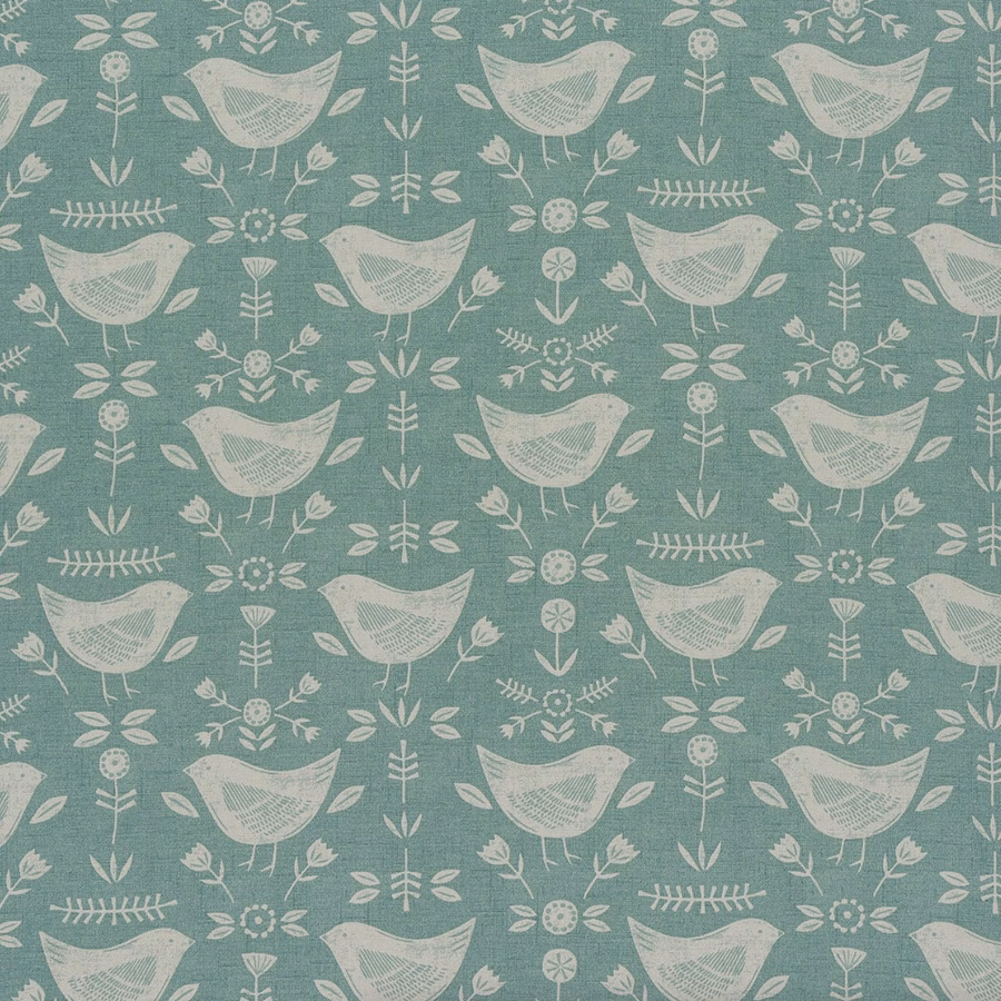 Seafoam green PVC-coated cotton with cream bird and sprig print