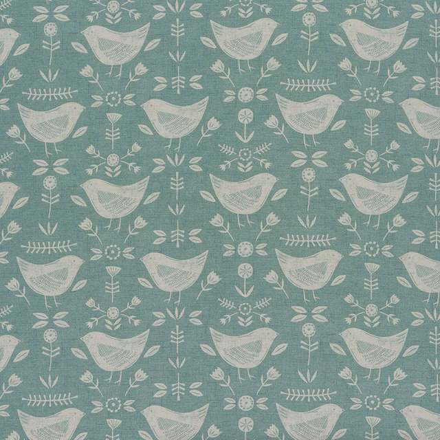 Seafoam green PVC-coated cotton with cream bird and sprig print