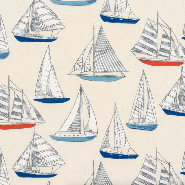 Cream PVC fabric with sketched sailboats in navy, grey, blue and red