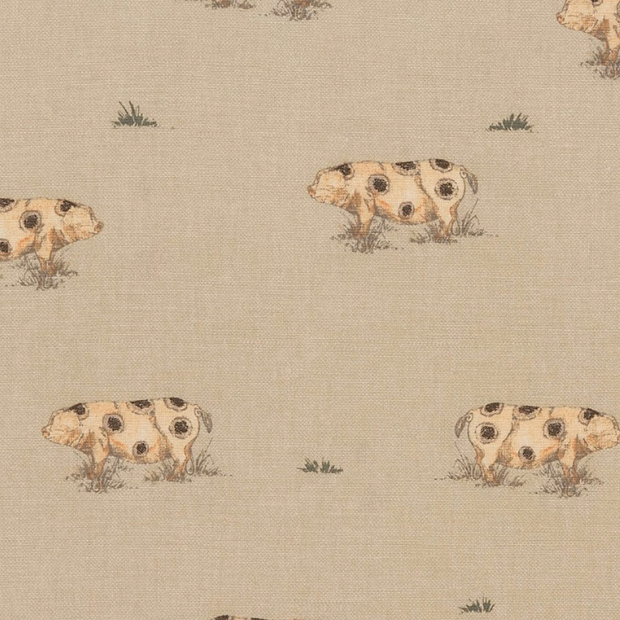 Beige printed PVC fabric with small spotted pigs and tiny grass tufts