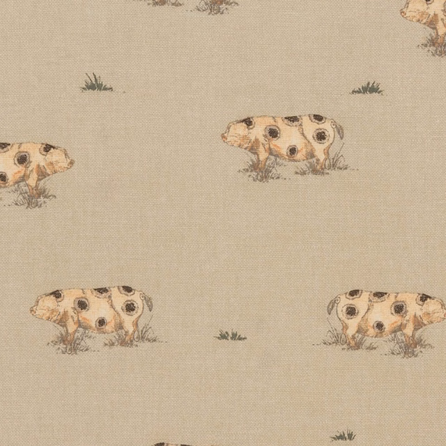 Beige printed PVC fabric with small spotted pigs and tiny grass tufts