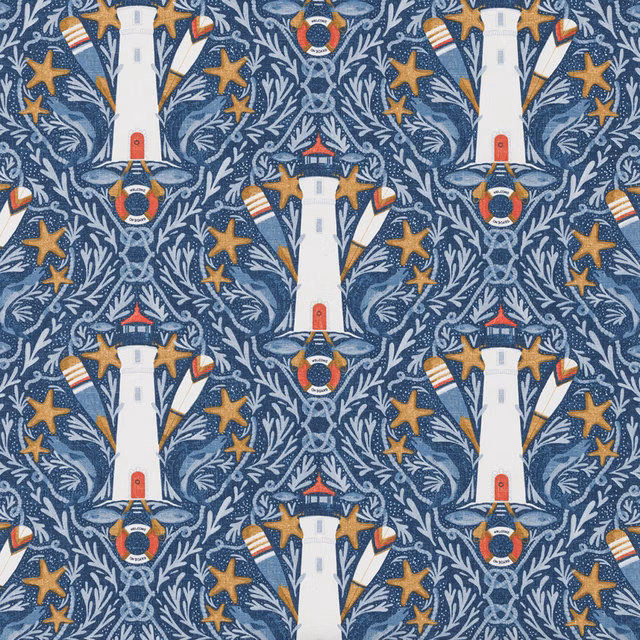 Blue coastal print fabric with lighthouses, starfish and rope motifs