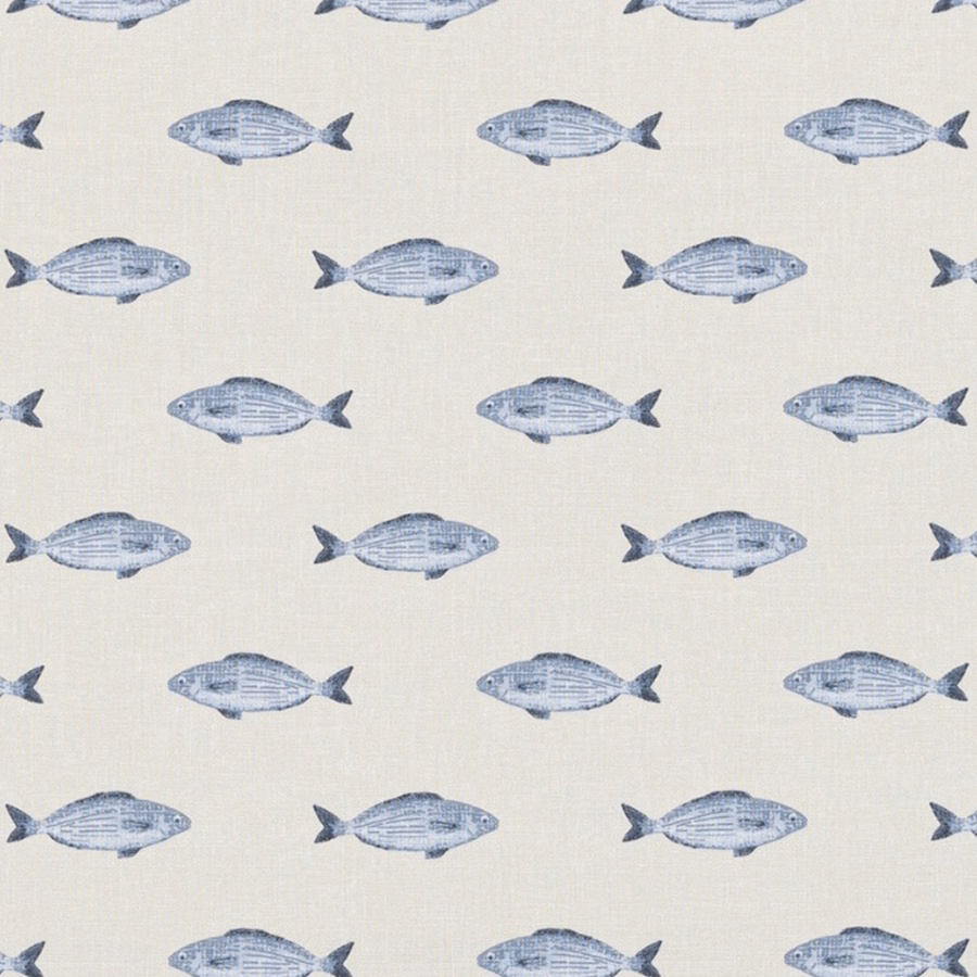 Cream PVC-coated fabric with repeating soft blue fish motifs