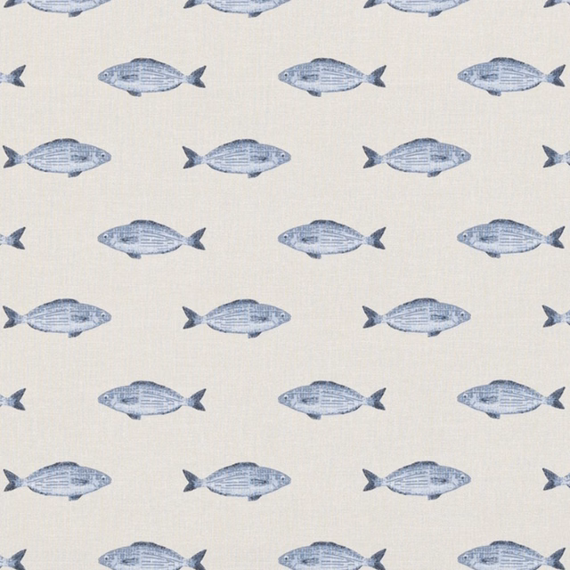 Cream PVC-coated fabric with repeating soft blue fish motifs