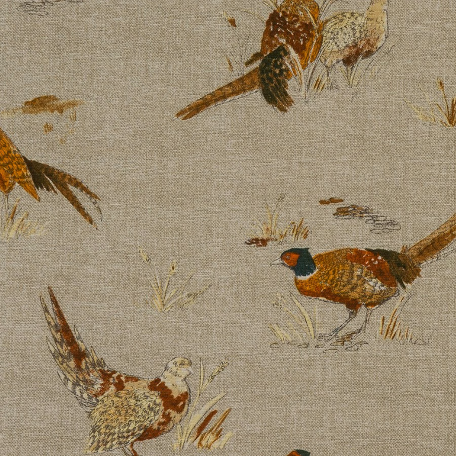 Beige PVC-coated cotton fabric with pheasant bird motif and woven texture