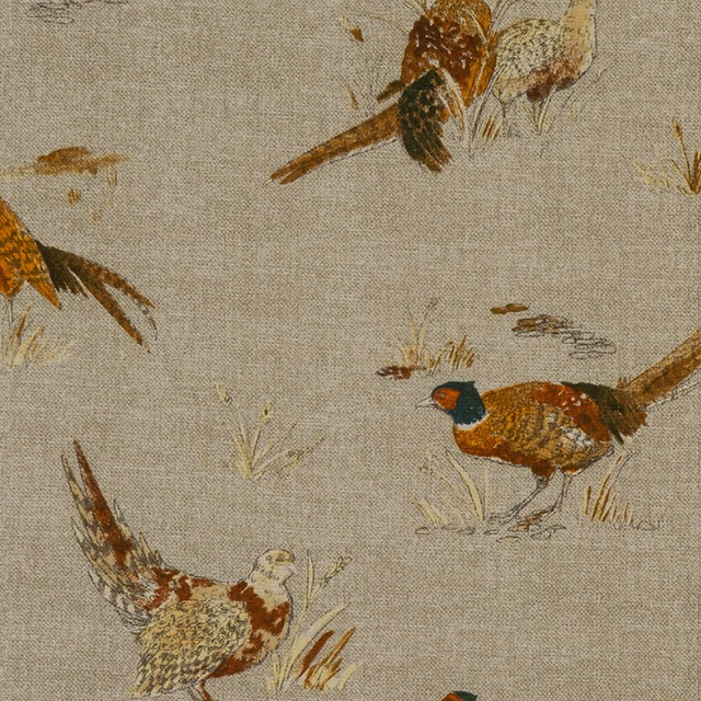 Beige PVC-coated cotton fabric with pheasant bird motif and woven texture