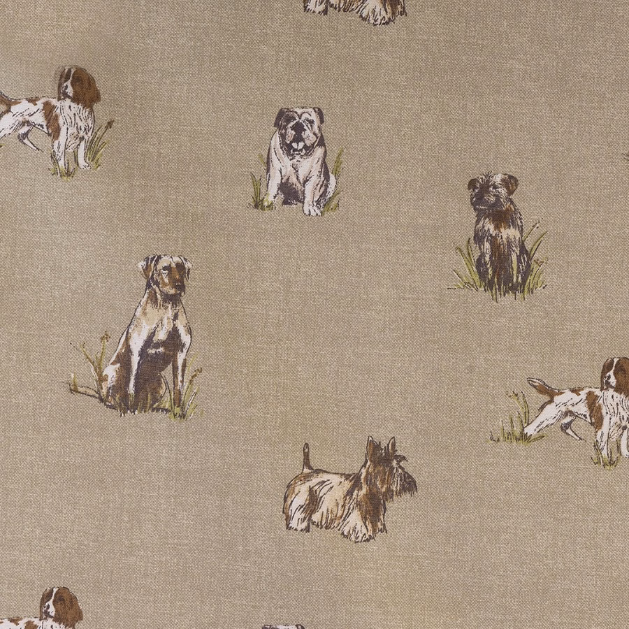 Taupe beige PVC fabric with scattered terrier dog illustrations and grass details