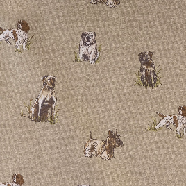Taupe beige PVC fabric with scattered terrier dog illustrations and grass details