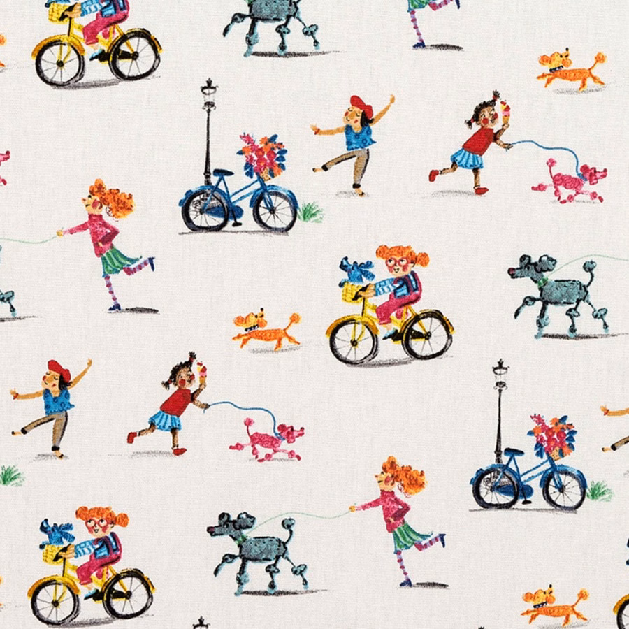 Ivory PVC-coated fabric with colourful hand-drawn people, bicycles and poodles