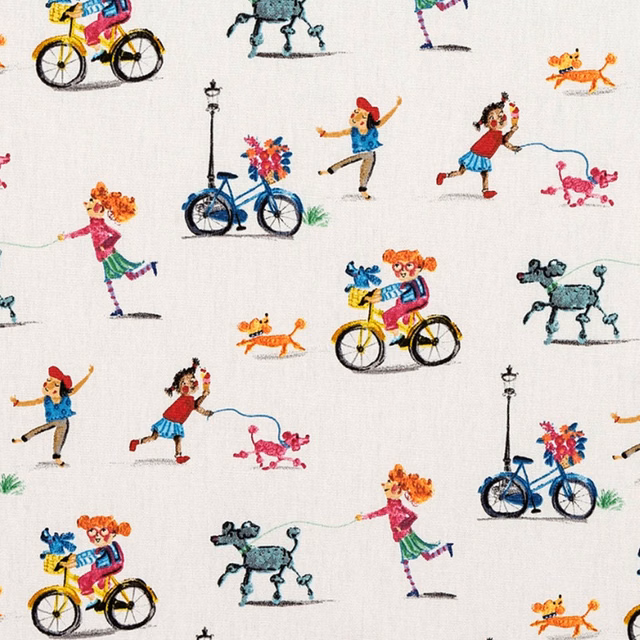 Ivory PVC-coated fabric with colourful hand-drawn people, bicycles and poodles