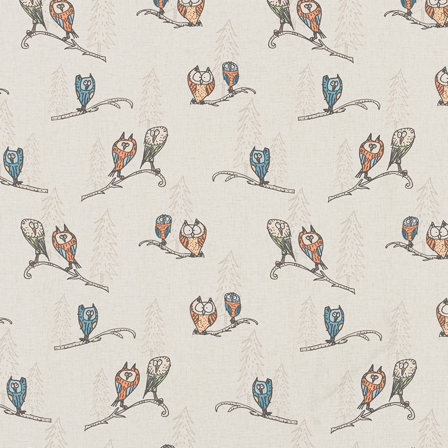 Cream PVC fabric with scattered colourful owl and branch motifs