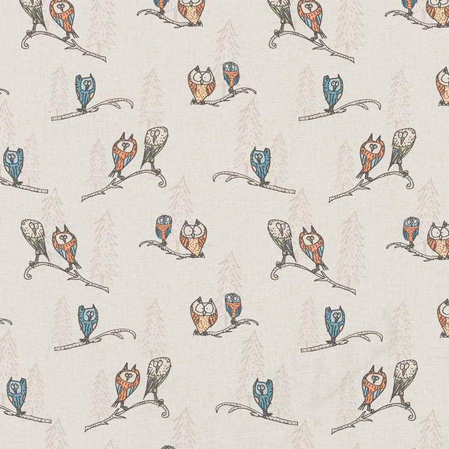Cream PVC fabric with scattered colourful owl and branch motifs